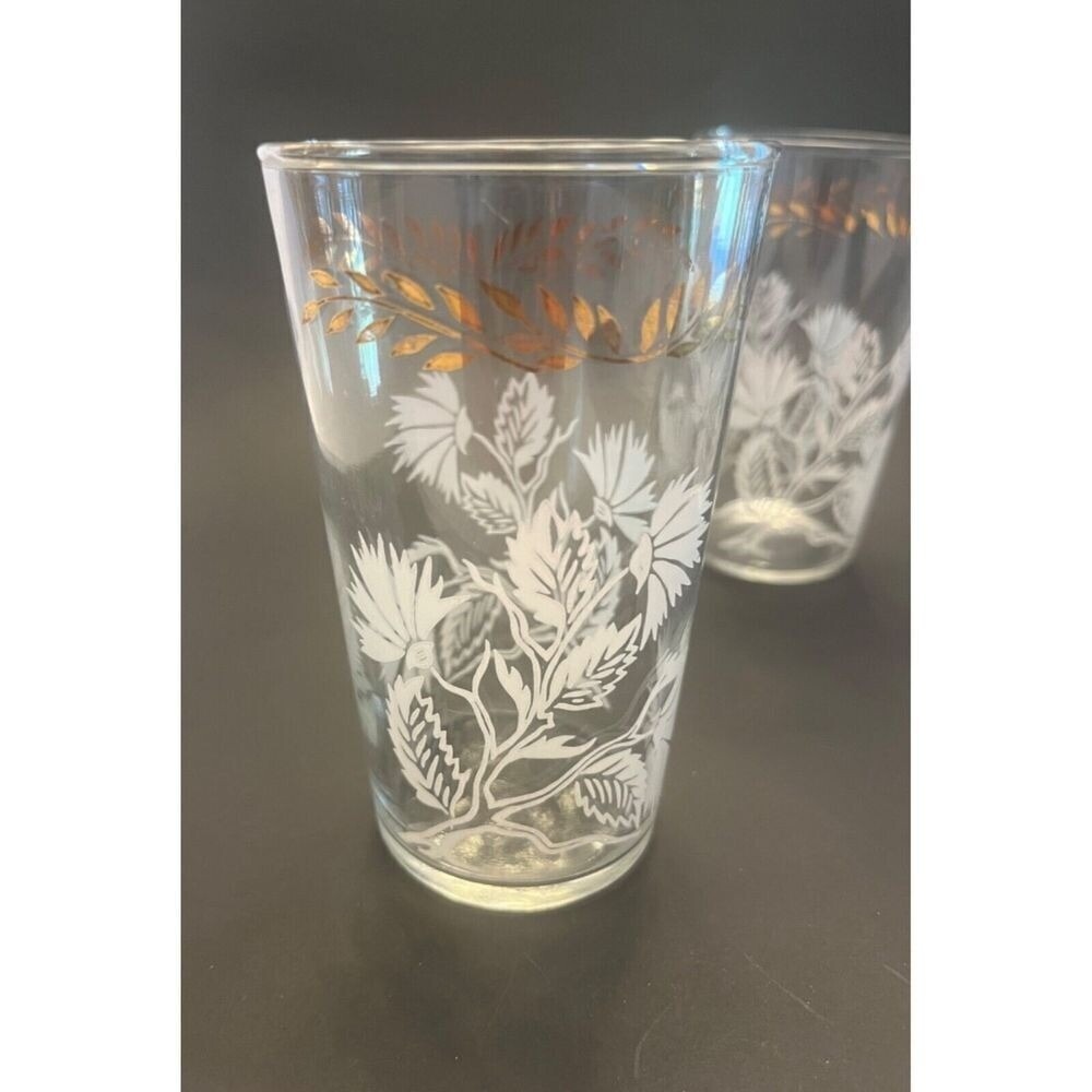 Set 3 Vintage MCM Federal Glass White & Gold‎ Drinking Glasses Tumbler Light Wt.